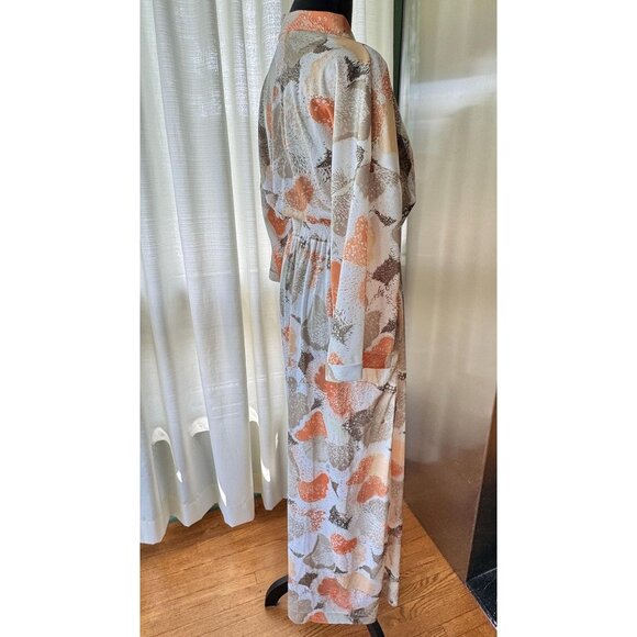 Vintage 80s robe, kaki green, tan, orange abstract floral print, cinched waist - Picture 7 of 10